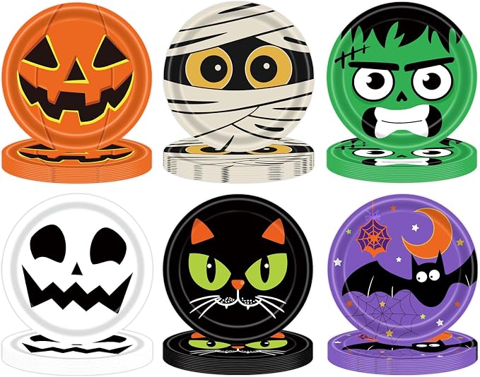 48 PCS Halloween Paper Plates 7 Inch, Disposable Party Plates with Cat Ghost Pumpkin Bat Pattern Dinner Cake Dessert Plate for Halloween Party Decorations - skull plate