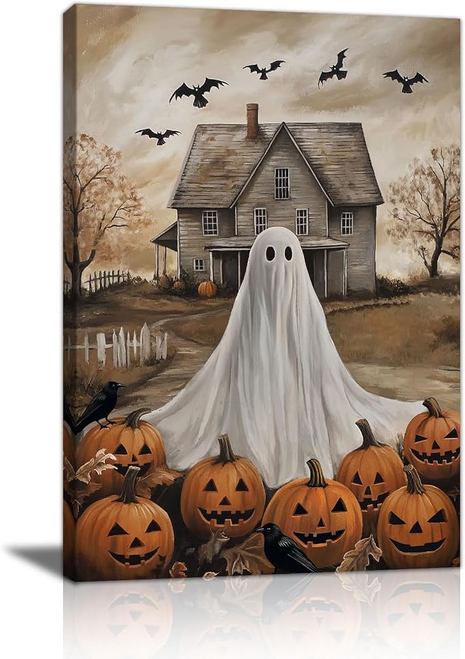 Vintage Halloween Canvas Wall Art Ghost in Pumpkin Field Painting 12″x16″