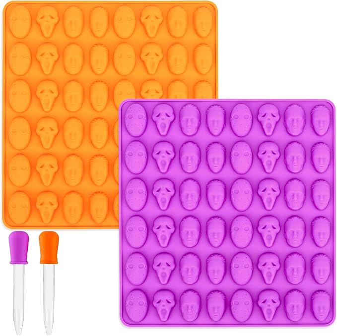 2 Pack Halloween Silicone Molds, 48 Cavity 3D Skull Horror Mask Silicone Molds with 2 Droppers for Candy, Jello, Chocolate, Ice Cube, Fondant, Cupcake Decor - skull ashtray