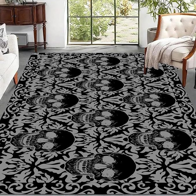 Modern Skull Area Rug 3x4ft Gothic Black and Gray Skull Floral Horror Large Area Rugs Gothic Halloween Exclusive Non-Slip Machine-Washable Rugs Perfect for Living Rooms Bedrooms Bathrooms - skull carpet