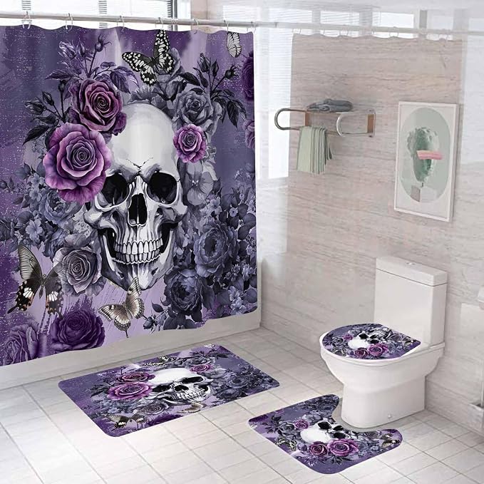 4PCS Sugar Skull Shower Curtain Sets with Rugs, Halloween Shower Curtain, Waterproof Fabric Purple Shower Curtain, Mysterious Dark Rose Floral Butterfly Gothic Spooky Skeleton Bathroom Decor - skull toilet rug
