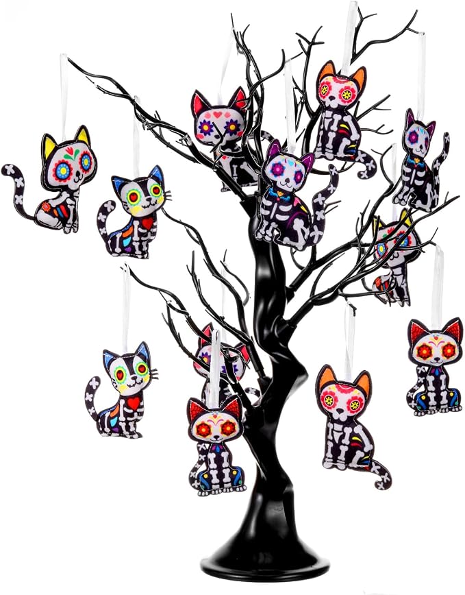 Remagr 12 Pcs Dia De Los Muertos Cat Felt Ornaments, Day of The Dead Cat Skeleton Hanging Halloween Ornaments for Mexcian Themed Party School Bags Indoor Outdoor Tree Hanging Decorations - sugar skull ornament