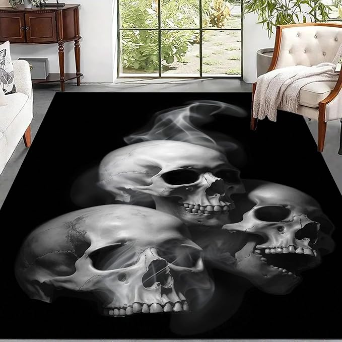 Gothic Skull Area Rug 3x5ft Witchcraft Smoke Gray Skull Print Black Living Room Rug Halloween Holiday Decoration Rugs Non-Slip Washable Large Indoor Area Rugs for Living Room, Bedroom or Bedside - skull rug