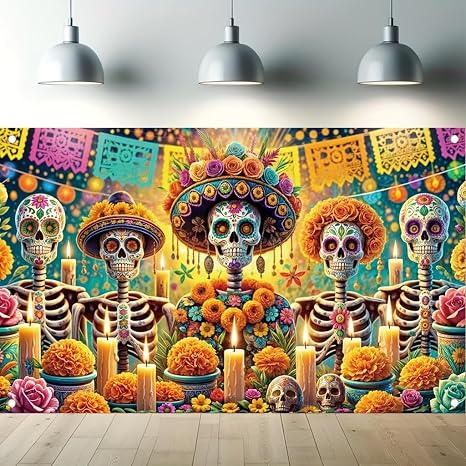 Day of the Dead Banner 71x43 Inch Colorful Sugar Skull Marigold Decoration Photography Background for Dia de los Muertos Party - skull floor mat