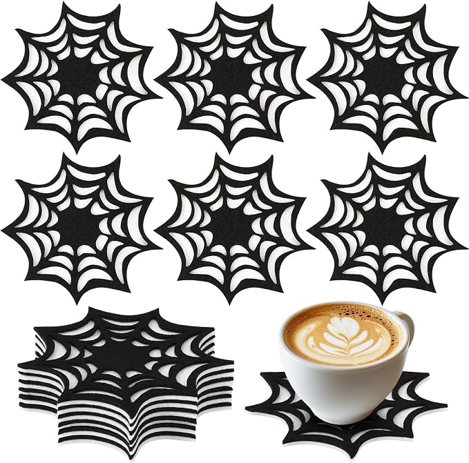 UPINS Halloween Spider Web Coasters Set of 6 Black Drink Cup Mats - skull coaster
