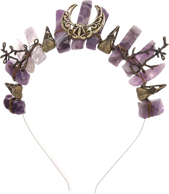 Fairy Crystal Crow Skull Crown - Raw Quartz Witch Tiara with Bronze Moon - skull headband