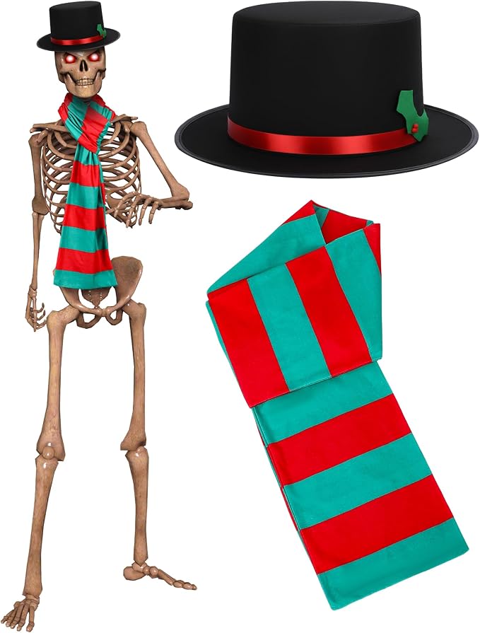 Cozypower 2 Pcs 12 ft Skeleton Outfits Accessories Skeleton Snowman Hat and Scarf Set 12ft Christmas Skeletons Costume Set for Holiday Outdoor Giant Sized Skull Decor - skeleton