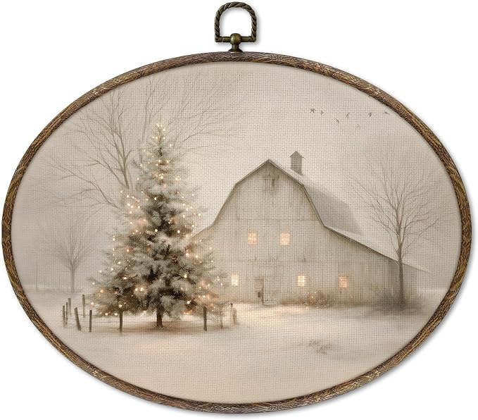 XNXLDYLH Rustic Barn White Christmas Winter Scene Oval Framed Wall Art Decor, Retro Antique Cottage Christmas Tree Hanging Wall Decor, Vintage Farmhouse Cabin Canvas Prints Art Paintings, 11.5x8.5 In - skull wall art