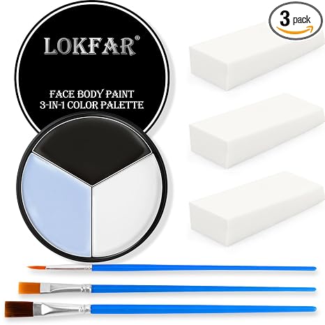 Black White Grey/Gray Face & Body Paint - Blendable Facepaint Foundation with Sponge & Brush for Skin, Professional Halloween Face Make-up Kit for Pale Zombie Skeleton Skull Mime Ghost Goth Costume - sugar skull makeup