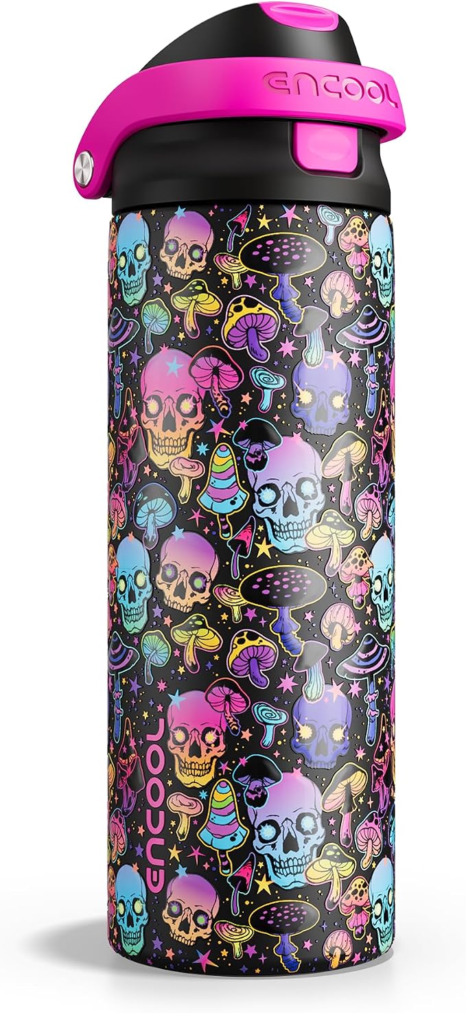 Encool SwiftSip Insulated Stainless Steel Water Bottle with Straw - Leak Proof Sports Water Bottle for School, Travel, Keeps Cold All Day, One-Touch Flip Lid, BPA-Free, 24 oz, Trippy Skulls - skull bottle