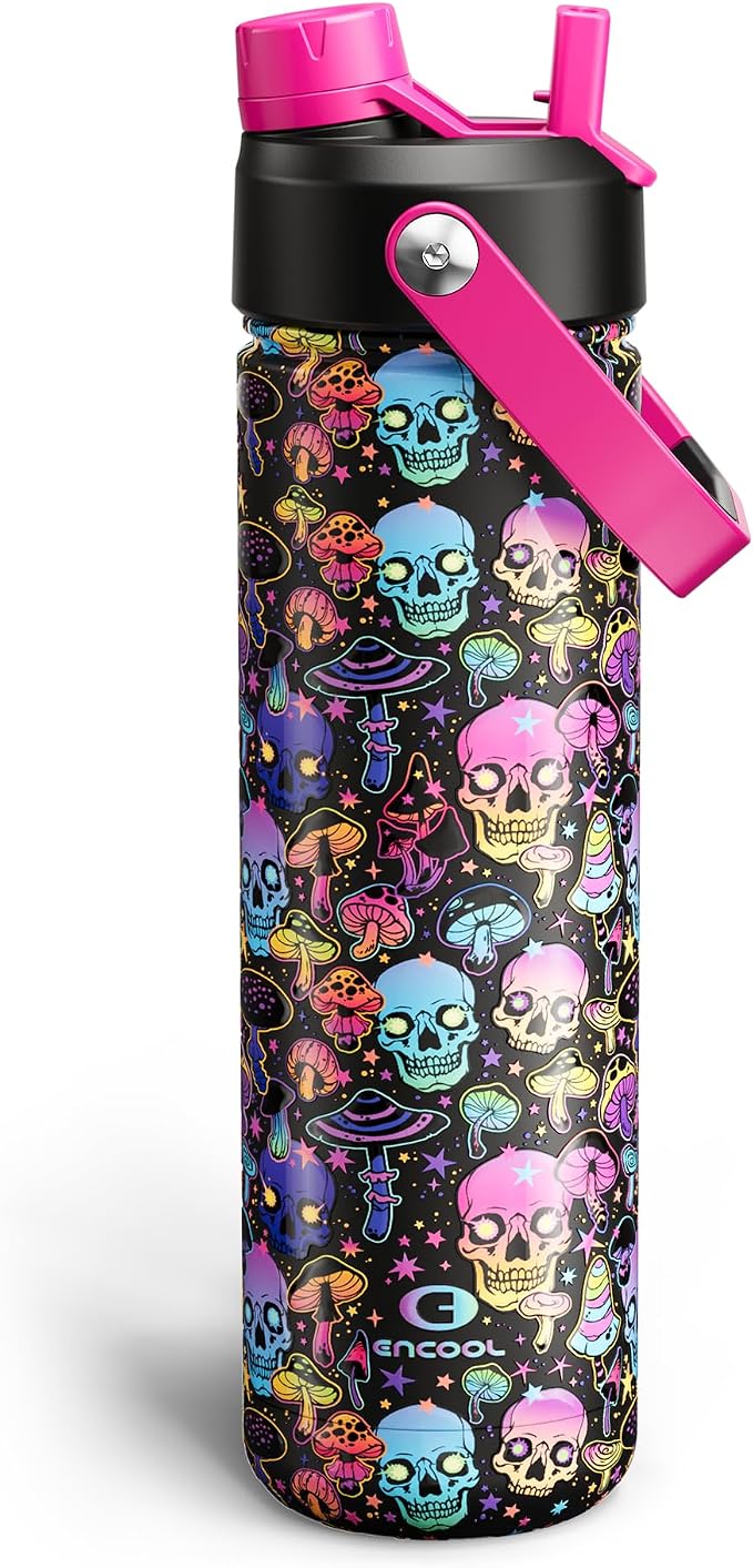 ENCOOL Insulated Water Bottle with Straw Stainless Steel Water Bottle, Leak-Proof, BPA-Free, Double Wall Vacuum Keeps Cold for 24 Hours for Sports, Travel, School (26 oz, Trippy Skulls) - skull bottle