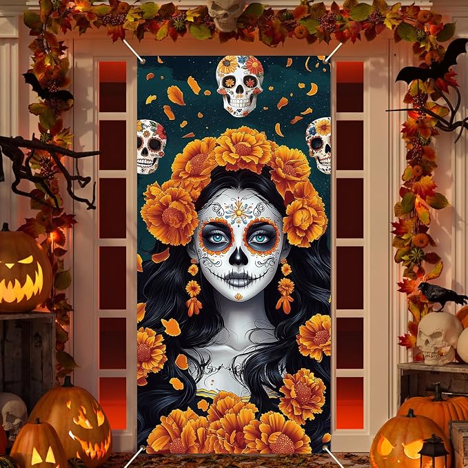 Dia De Los Muertos Door Cover Day of The Dead Porch Sign Banner Gothic Halloween Mexican Fiesta Party Decor Sugar Skull Marigold Flowers Decoration for Mexican Wall Front Porch Indoor Outdoor Supplies - skull floor mat