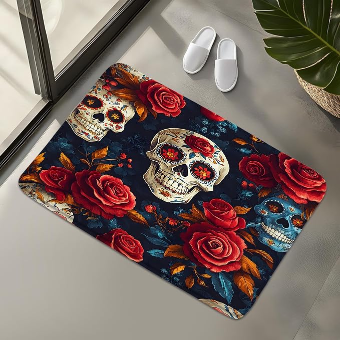 Day of The Dead Bath Rug Skull Flower Rose Spooky Gothic Funny Halloween Day Skeleton Horror Mexican Holiday Bath Mat Home Bathroom Kitchen Door Doormat Toilet Carpet 20 x 32 Inch - skull toilet mat