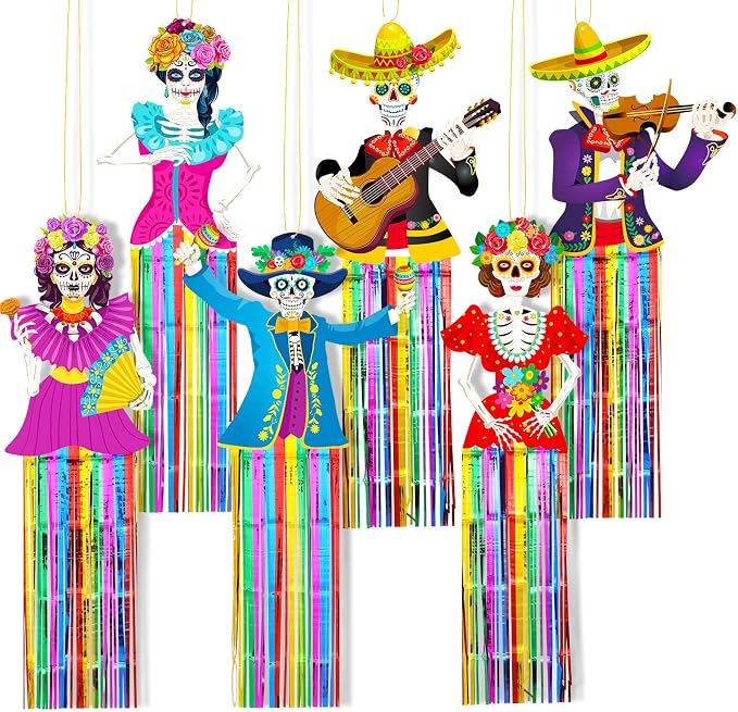 Pajean 6 Pcs Large Day of the Dead Decorations with Metallic Foil Tassels - sugar skull ornament