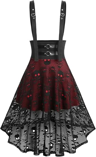 DRESSFO Womens Halloween Costume Gothic Witchy Vampire Skull Fishnet Asymmetric A line Suspender Skirt - sugar skull dress