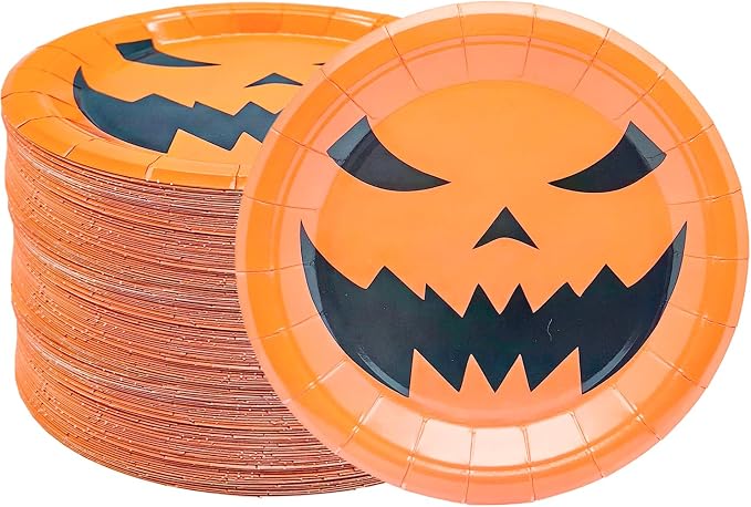 50Pcs Halloween Party Supplies Halloween Paper Plate 7Inch Pumpkin Plates Fall Pumpkin Monster Paper Plates for Haunted House Themed Black Orange Fall Birthday Party Decorations (Yellow) - skull plate