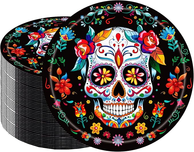 50Pcs Day of the Dead Party Supplies,7Inch Day of the Dead Plates Purple Sugar Skull Dessert Plates,Dia De Los Muertos Birthday Party Decorations (Black) - skull plate