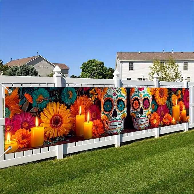 BlissYard Day of the Dead Fence Banner Fiesta Decor 118 x 20 Inch - skull sticker