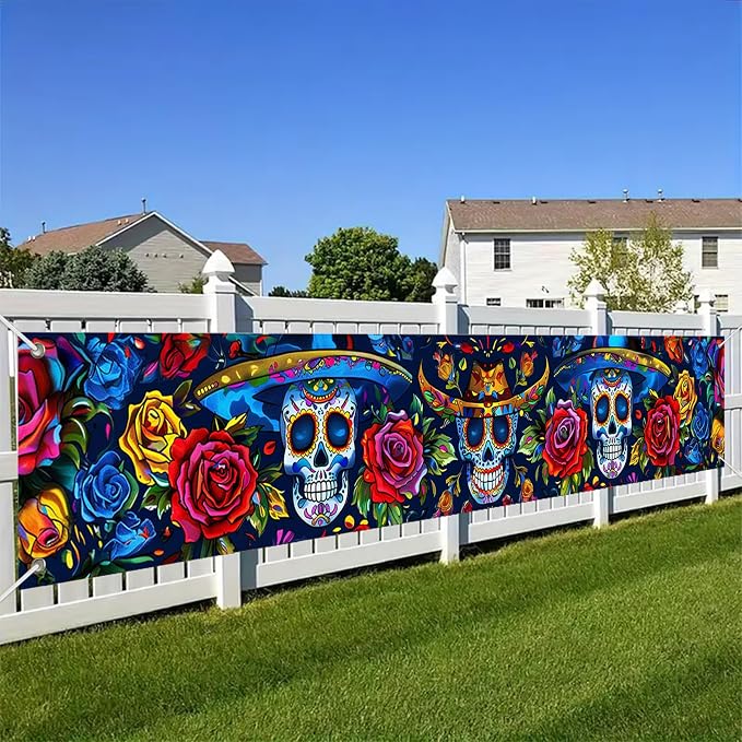 Dia De Muertos Fence Banner Fiesta Decor 118 x 20 Inch - skull carpet
