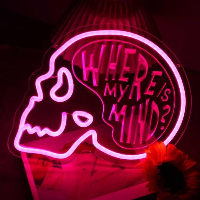 Skull Where is My Mind Neon Signs for Wall Decor, USB Dimmable Pink Skeleton LED Neon Light Sign for Bedroom Man Cave Beer Bar Club Game Room, Halloween Party Decor Gift