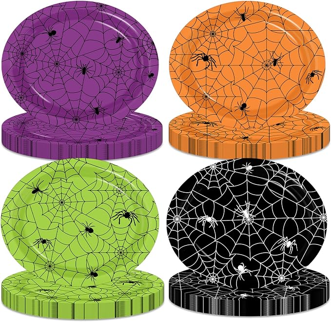 Halloween Paper Plates,52Pcs halloween party Spider Plate Decorations, Colorful 10" x 12" Oval Spider Web Plates Spooky Decorations - skull plate