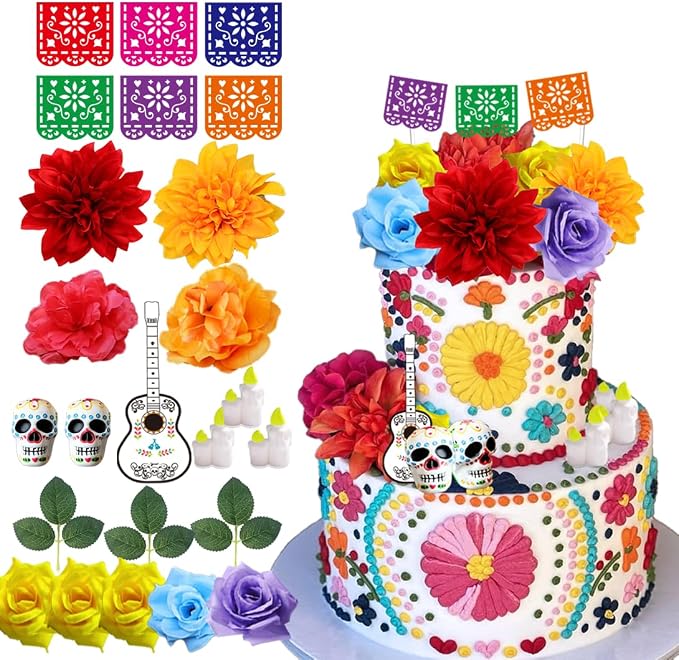 Mexican Fiesta Cake Topper Mini Papel Picado Banner Sugar Skull and Flower for Mexican Dia De Los Muertos Day of The Dead - skull candle