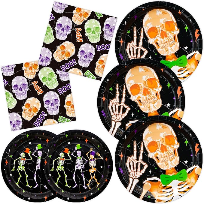 Skeleton Halloween Party Supplies, Skull Paper Dinner Plates Dessert Plates and Luncheon Napkins for Dancing Skeleton Birthday Halloween Party Decorations, Serve 50 Guests - skull plate