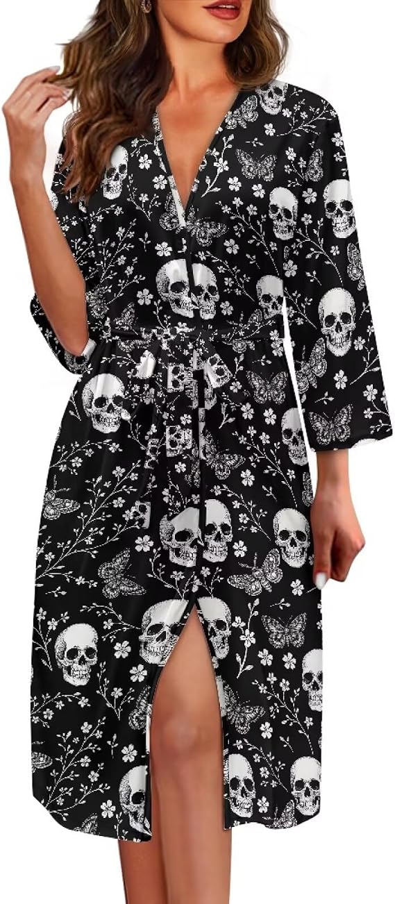 Women's Kimono Robe Cover up Soft Sleepwear Ladies Nightgown Party Dressing Robe Halloween Christmas Gifts S-2XL - skull pajamas