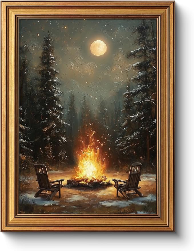 Vintage Gold Framed Winter Landscape with Campfire Wall Art 12x16 Inch - skull painting