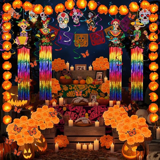84 Pcs Day of The Dead Decor, Dia De Los Muertos Sugar Skull, Orange - string light
