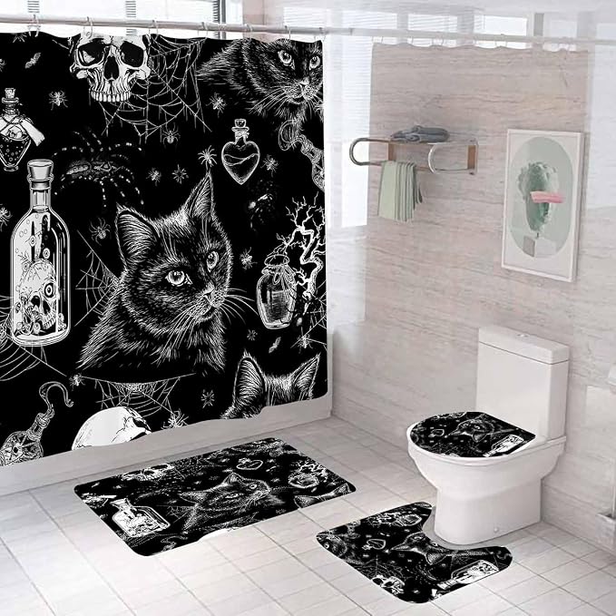 4PCS Gothic Skull Black Cat Shower Curtain Sets With Rugs, Waterproof Fabric Black and White Shower Curtain, Halloween Spider Web Spooky Skeleton Potion Bottle Mysterious Witchy Bathroom Decor - skull toilet rug