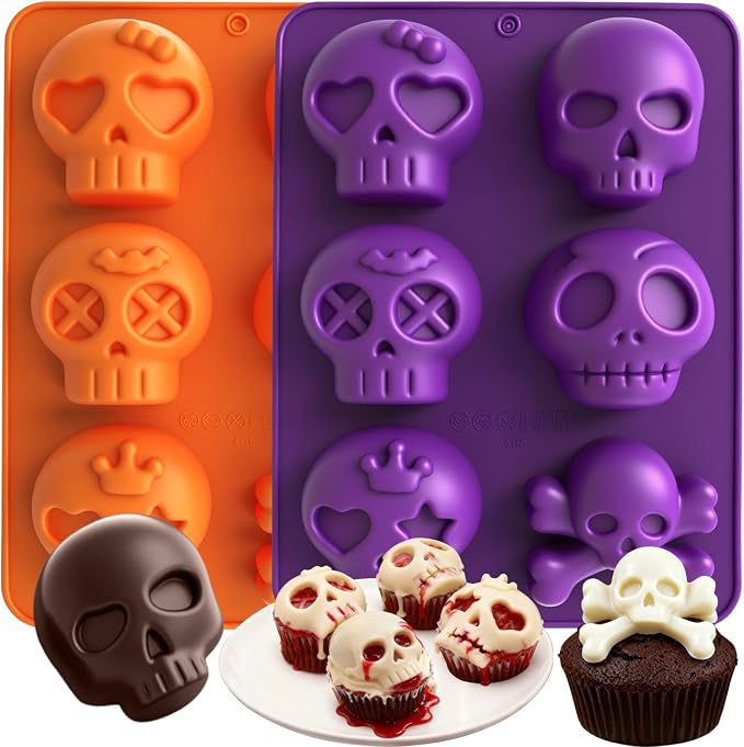 Halloween Silicone Molds, 2 Pack 6-Cavity Skull Silicone Chocolate Mold for Plaster Jelly Gummy Candy Ice Cube Soap - skull ashtray