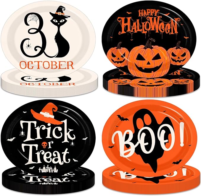 52Pcs Halloween Paper Plates Boo Ghost Disposable Oval Dinner Plates 4 Colors Trick or Treat Party Tableware for Halloween Party Supplies - skull plate