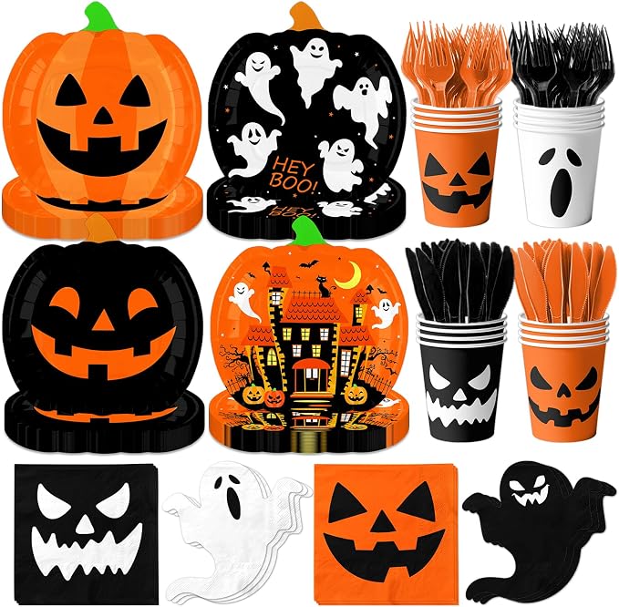Halloween Plates,Pumpkin Birthday Decorations Ghost Halloween Paper Plates Napkins Cups for Spooky halloween Party Supplies - skull plate