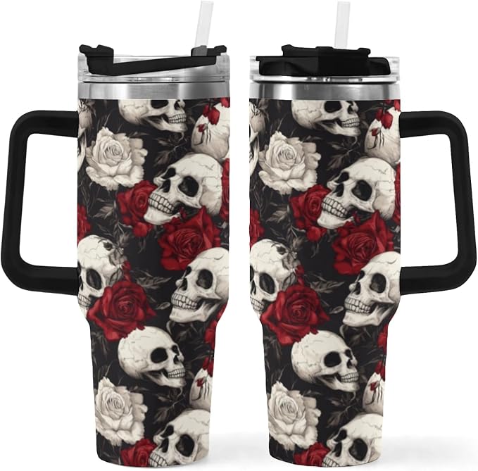 Skull Rose Tumbler with Lid And Straw 40oz Roses and Skulls Floral Stainless Steel Cup Insulated, Large Capacity Car Cup Travel Tumbler Coffee Mug with Handle - skull bottle