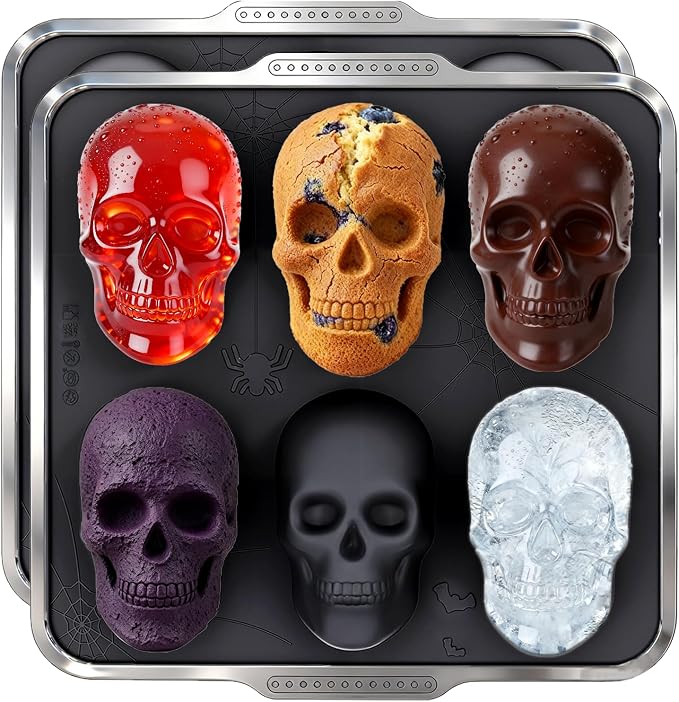 Silicone Skull Cake Pan with Metal Reinforced Frame - Spill-Proof & Sturdy 6-Cavity 3D Halloween Silicone Mold, Easy to Handle & Release for Cake, Chocolate, Jello - skull ashtray