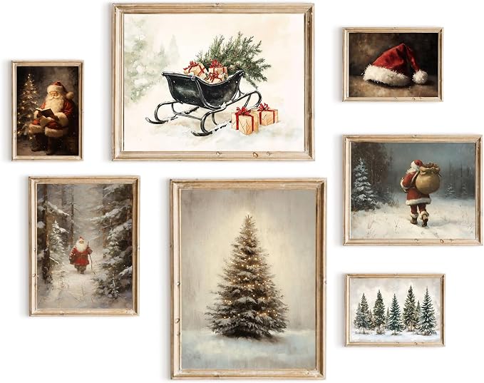 TWNSLLA Vintage Wall Art Set of 7, Vintage Christmas Wall Decor, Moody Snowy Landscape Painting Winter Wall Art, Reindeer Pine Tree Santa Claus Art Prints, Vintage Pictures Wall Decor Living Room Bedroom, Unframed - skull wall art
