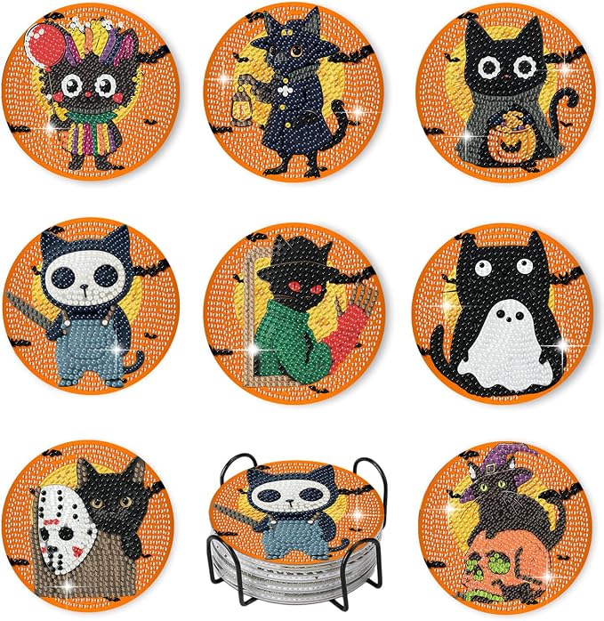 Puraikcmi 8PCs Diamond Painting Coasters Kits with Holder, Diamond Art Coasters Adults Craft Round Drill Small Gem Dots Art Craft Decoration for Table (Halloween Theme Cat) - skull coaster