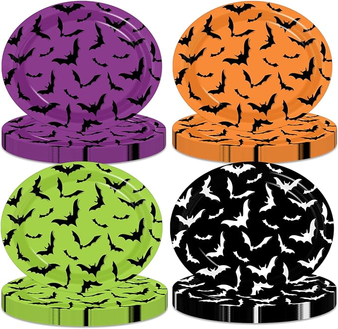 52Pcs Halloween Bat Paper Plates, 10" x 12" Large Halloween Oval Plate Colorful Bat Plates for Hallo ween Spooky Party Supplies, Serves 52 - skull plate