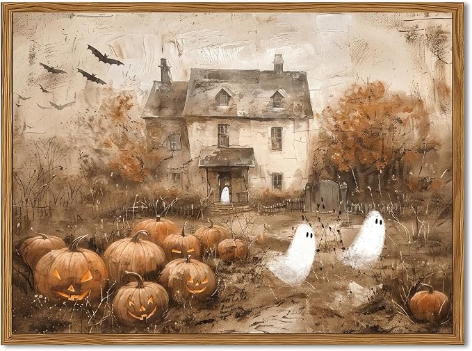 Framed Vintage Halloween Ghost Canvas Wall Art, Cute Ghost Pumpkin Wall Decor Paintings, Gothic Dark Academia Pictures Prints, Spooky Fall Haunted House Home Decor for Living Room Bedroom 12x16 inch - skull painting