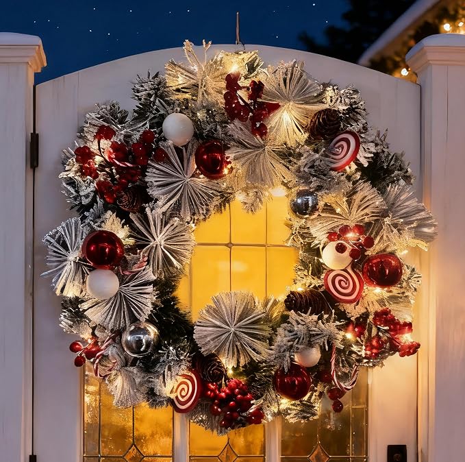 Christmas Wreath for Front Door, 18 Inch Prelit Christmas Wreath with Timer, Warm LED Light, Red Berries, Snow, Pinecone, Candy Cane, Lighted Xmas Decorations for Indoor Outdoor Xmas Collection - skull wreath