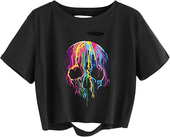 Women's Distressed Crop Tee Halloween Ghost Pumpkin Fall Matching Top - skull tshirt