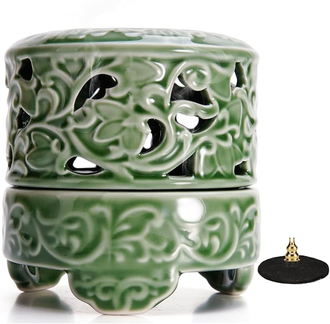 USMOLA Incense Burner with Lid, Ceramic Incense Holder for Stick Cones & Coils Incense with Burn Cotton for Home, Office, Yoga, Green Lotus - skull incense burner
