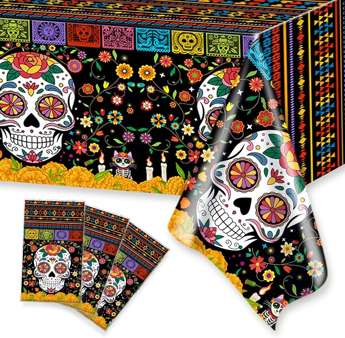 3Pcs Day of the Dead Plastic Tablecloth - 42 x 70.8 Inch - skull plate