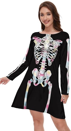TMSD Halloween Women's A-Line Dress Long Sleeve Funny Party Cosplay Costume - sugar skull dress