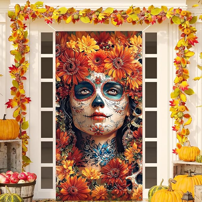 Day of The Dead Door Cover, Day of The Dead Banner Sugar Skull Rose Altar Mexican Fiesta Party Decorations and Supplies for Home, 72×36in - skull plate