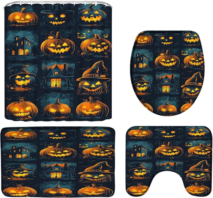4PCS Halloween Pumpkin Bath Mat Set Spooky Pumpkin Witch Hat Haunted House Horror Night Dead Day Funny Holiday Bath Mats,Toilet Cover,U-Shaped Toilet Mat - skull toilet mat