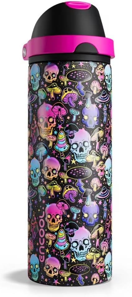Insulated Water Bottle with Straw – Encool Stainless Steel Water Bottle with Push Button Lid, Leak-Proof & BPA-Free, Keeps Cold for 24 Hours for Sports, Travel, Gym (24 oz, Trippy Skulls)