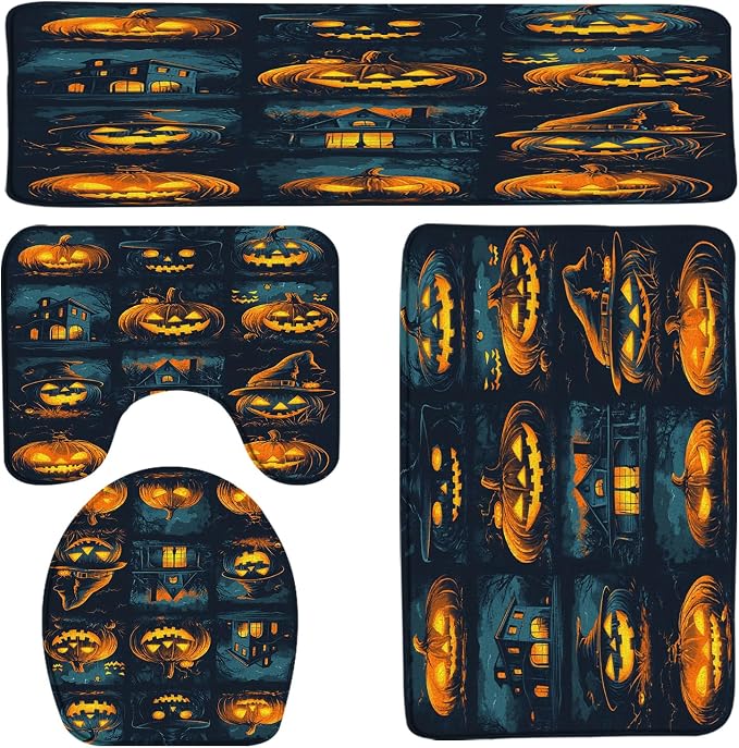 4PCS Halloween Pumpkin Bath Mat Set Spooky Pumpkin Witch Hat Haunted House Horror Night Dead Day Funny Holiday Bath Mats,Toilet Cover,U-Shaped Toilet Mat - skull toilet mat