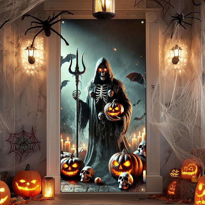 IVN Halloween Pumpkin Lantern Skull Door Cover Decorations 35×71 Inch